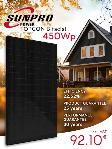 Sunpro Power.450Wp TOPCON Bifacial solar panel on an autumn background with a house in the background. Efficiency: 22.52%, product guarantee: 25 years and performance guarantee: 30 years. Price: 92.10€ inc VAT.